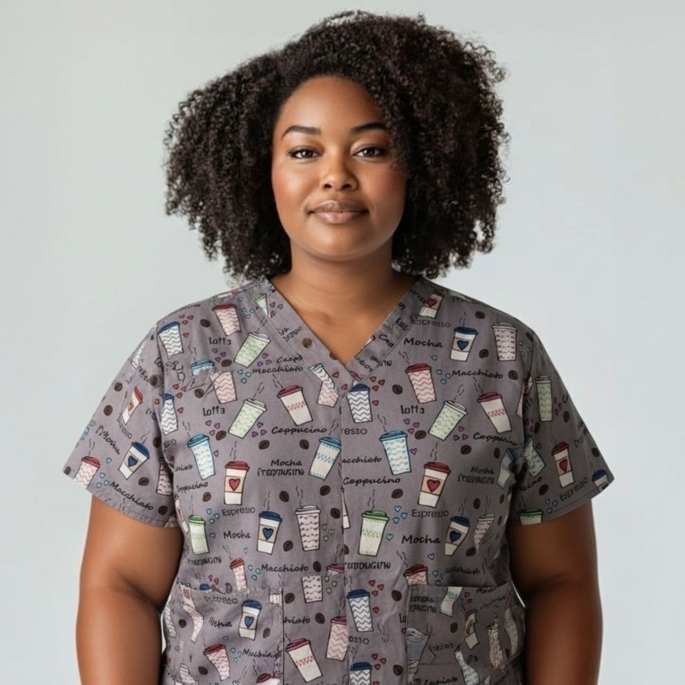 Zoe + Chloe V-neck Scrub Top - M - Coffee Cup Print Modern Workwear